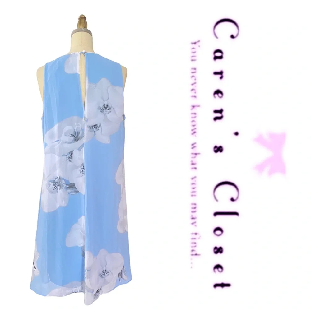 Calvin Klein Powder Blue Floral Print Chiffon Trapeze Sleeveless Dress - Picture 6 of 10